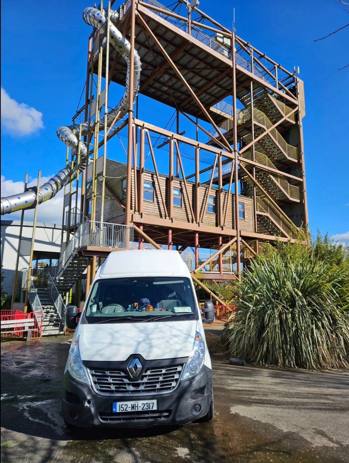 The Driveway Cleaning Meath van parked at Tayto Park, County Meath, below the timber tower ride
